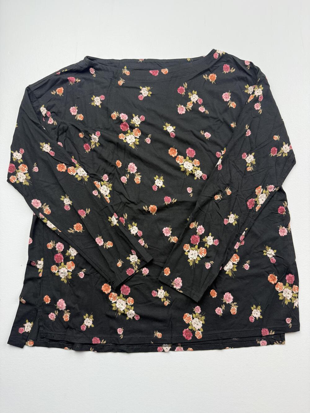 J. Jill Shirt Womens M Black Boat Neck Long Sleeve Floral Supima Tee Top
